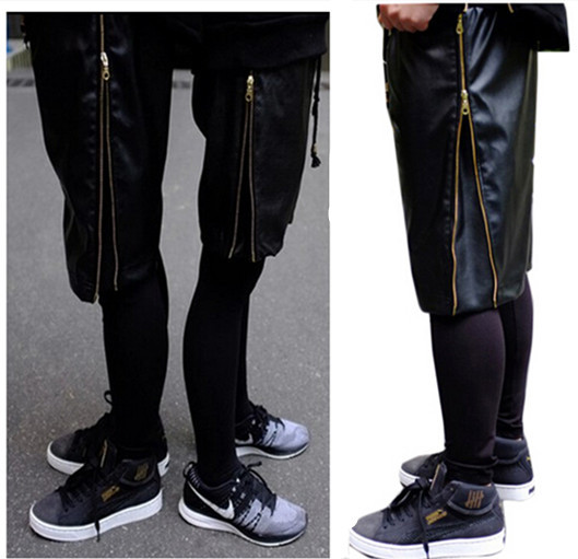 ߰ſ PU ¥  ο  ݹ  귣 Ÿ ª      /HOT  PU Faux Leather New Mens Shorts Hip Hop Brand Style Short Men Gold Zipper Black Snakesk